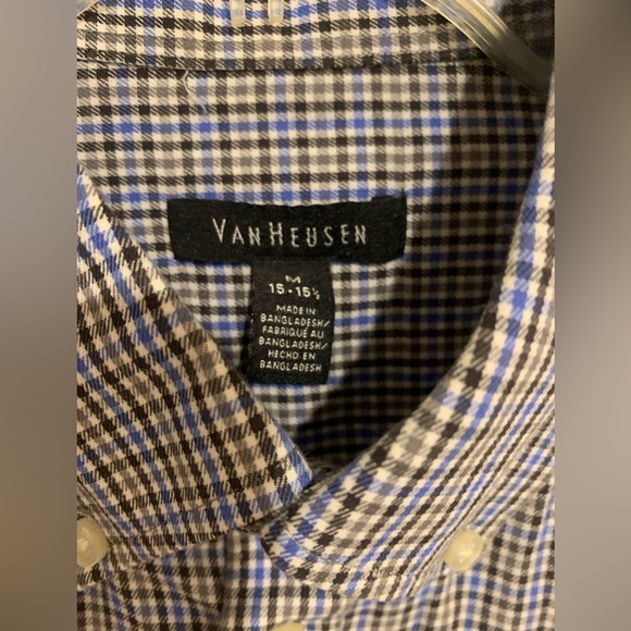 Van Heusen Mens Shirt Button Down Long Sleeve Gray Blue White Plaid Size Medium - Picture 2 of 4